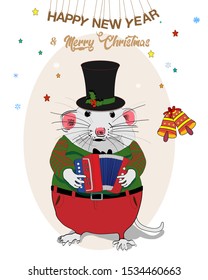 2020 Chinese New Year of the Rat. Funny mouse playing a musical instrument. For design and cards.