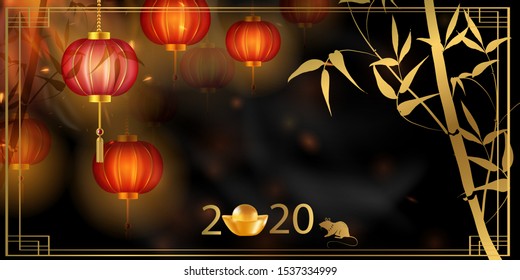 2020 Chinese New Year Rat zodiac sign. Red and gold festive background with rat. Banner, greeting card, greetings card, flyers, invitation, posters, brochure invitation design in paper art. 