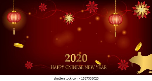 2020 Chinese New Year Rat zodiac sign. Red and gold festive background with rat. Banner, greeting card, greetings card, flyers, invitation, posters, brochure invitation design in paper art. 