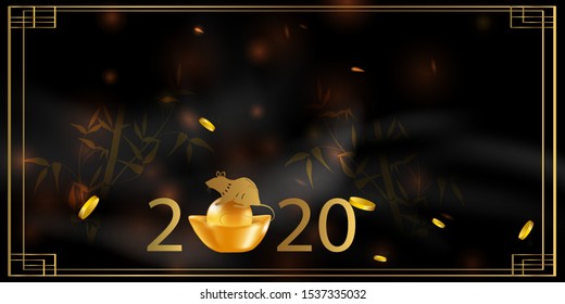 2020 Chinese New Year Rat zodiac sign. Red and gold festive background with rat. Banner, greeting card, greetings card, flyers, invitation, posters, brochure invitation design in paper art. 