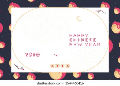 2020 Chinese new year of the Rat. Greeting card with silhouette pink rat with golden decor elements on the background of Asian characters. Chinese translation: Happy chinese new year