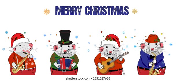 2020 Chinese New Year of the Rat. Dedicated to the year of the mouse. Funny mice play musical instruments. For design and cards.