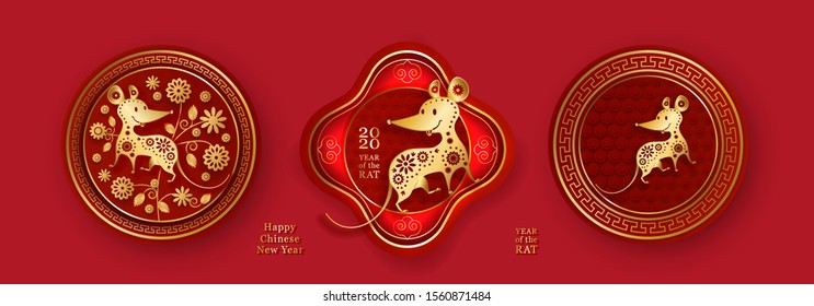 2020 Chinese New Year of the Rat. Decorative medallions with a symbol of the year of traditional red and gold color. Set of objects for festive design, vector illustration.