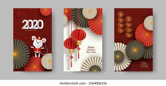 2020 Chinese New Year of the Rat. Set of vertical vector banners, posters, leaflet, flyers. Cute rat, lanterns, round decorative fans. Golden, red, white colors. Chinese translate Happy New Year