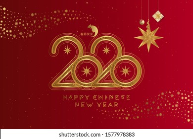 2020 Chinese new year of the Rat. Elegant gold star with Deer and gifts. Greeting card with golden elements on the background of Asian text. Chinese translation: Happy chinese new year