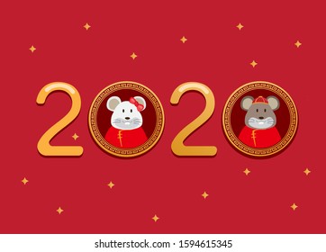 2020 Chinese New Year, year of rat,  couple of mouse in circle icon with red background concept illustration editable vector