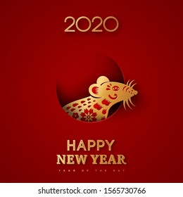 2020 Chinese New Year, Zodiac Symbol Metal Mouse in Hole on Red Background. Vector illustration. Minimal creative idea for greeting card and calendar design. Place for Text