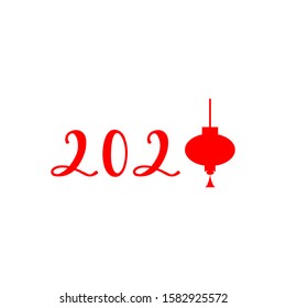 2020 CHINESE NEW YEAR-red inscription with chinese lantern on a white background. Minimalist style. Perfect for poster, postcard, card, invitation, banner, flyer. Vector illustration  