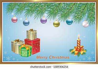 2020 Christmas background with gift boxes and a candle on a blue background with snowflakes and colorful balls on fir branches. Vector illustration