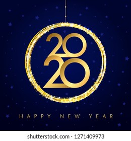 2020 christmas background with golden ball and glitter. Gold number 20 & 20 and text happy new year, vector design template. 2020, 2022, 20, 22 digits concept.