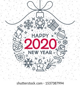 2020 Christmas ball consisting of holiday toys and sign Happy New Year on snow background for flyer, brochure, party poster, greeting card, invitation, printing. Christmas decoration. Vector 10 eps