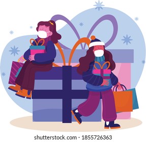 2020 Christmas celebration gifts and happiness with safety methods vector illustration