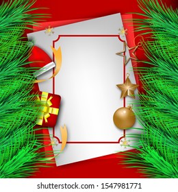 2020 Christmas festival consisting of pine leaves, Christmas balls, stars, gifts, red background with white paper.
