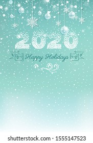 2020 Christmas greeting card with snowy background, Christmas decorations and numbers 2020. Vector illustration