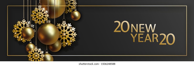 2020 Christmas and New Year design with hanging realistic golden balls and decorative snowflakes on gold chains on black background. Horizontal dark background, Vector illustration