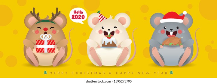 2020 Christmas & New Year template for banner header or graphic print. Cute cartoon mouse holding Christmas gift, cake & roasted turkey on yellow cheese background. Year of the rat flat design. 