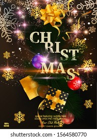 2020 Christmas Party or New Year Flyer. Festive balls with snow dust and snowflakes. Fir tree branches and wrapped gifts. DJ and club. Greeting card. Golden lettering. Vector EPS 10