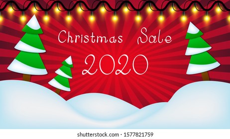 2020 christmas sale red vector background. Winter landscape with christmas garland, pines and snowdrifts.