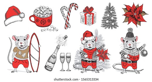 2020. Christmas set. New Year card. Hand drawn illustration.	