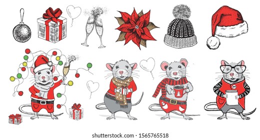 2020. Christmas set. New Year card. Hand drawn illustration.
