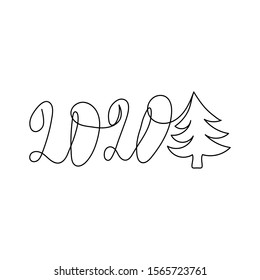 2020 und Weihnachtsbaum mit einer schwarzen, durchgehenden Linie einzeln auf weißem Hintergrund.. Minimalistische Skizze handgezeichnet Dekoration. Vektorgrafik.