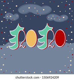 2020 Christmas tree on a winter snowy background. Hand drawn Vector Greeting Card for New Year Design. Copy space