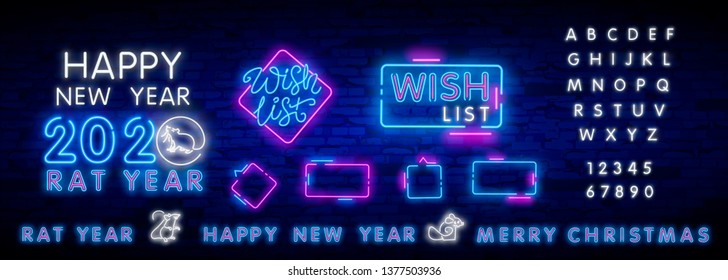 Plantilla de lista de deseos de Navidad 2020. Elementos neones. Icono de concepto de lista de deseos de Neon en estilo de línea. Lista de deseos - ilustración de la composición de diseño de línea plana moderna vectorial. Encabezado, banner del sitio