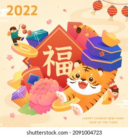 2020 CNY post. Illustration of a big red couplet written Chinese calligraphy with character blessing surrounded by zodiac animal tiger and Spring Festival objects - Shutterstock ID 2091004723