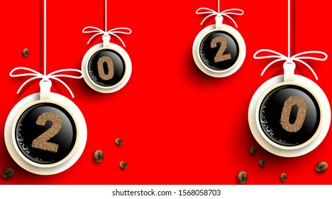 2020 coffee beans text number design. Cup of hot coffee with powder. Simple concept. - Vector