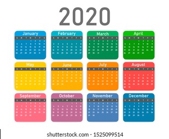 2020 colored calendar on white background. Vector illustration.