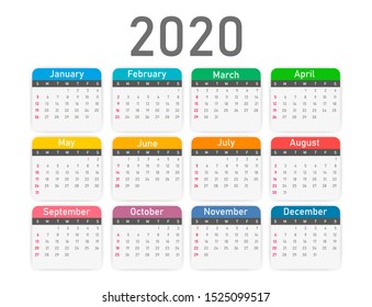 2020 colored calendar on white background. Vector illustration.