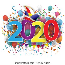 2020 with colored confetti and jesters cap on the white background. Eps 10 vector file.