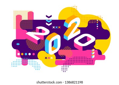 2020 Colored Memphis style. Banner with 2020 Numbers. Vector New Year illustration.