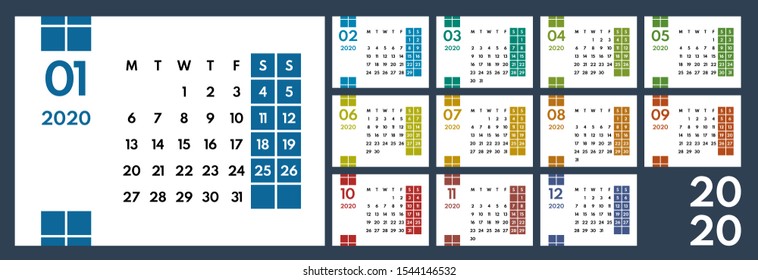 2020 colorful horizontal office vector calendar