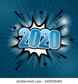 2020 comic text speech bubble on blue background, stock vector