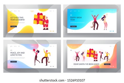 2020 Corporate Party with Santa Claus Website Landing Page Set. Cheerful People in Mouse Costumes Dancing, Father Noel Bring Cheese Gift for Christmas Web Page Banner. Cartoon Flat Vector Illustration