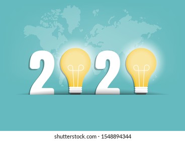 2020 creativity inspiration concepts with text number and light bulb on background. Business, Ideas, Vector illustration flat