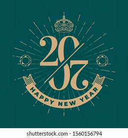 2020 Cut Numerals Inverted Logo with Zeroes Making Partial Mobius Loop and Happy New Year Greetings Lettering over Rays Circle - Gold on Turquoise Background - Vector Contrast Graphic Design