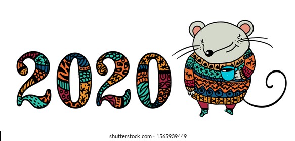 2020 and Cute fat mouse in funny warm sweater with hot cup of tea. Ugly sweater with christmas decor .vector illustration.