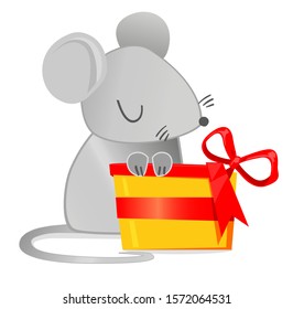 2020. Cute Mouse and gift box with a red bow. Cartoon character childish illustration. Chinese New Year greeting card.Year of the Rat. Vector. Holiday card design.