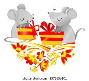 2020. Cute Mouse and gift box with a red bow. Cartoon character childish illustration. Chinese New Year greeting card.Year of the Rat. Vector. Holiday card design.Decorative ortnament flowers.