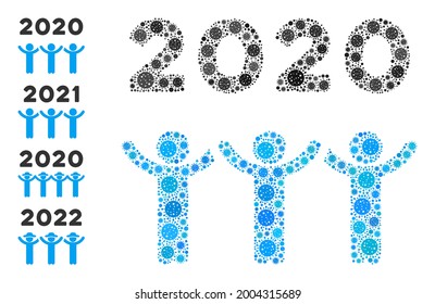 2020 dancing people covid virus mosaic icon. 2020 dancing people collage is composed with scattered cell icons. Bonus icons are added. Flat style.