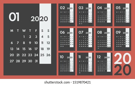 2020 dark gray vertical office vector calendar