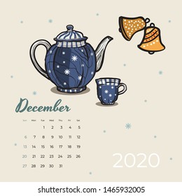 2020 December calendar food, tea art vector. Tea party sketched calendar. December page blue teapot, cup, bell cookies hand drawn vector illustration for tea, coffee shop, restaurant 12, 2020 template