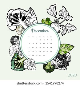 2020 December calendar vegetable. Green cabbage groceries art vector set. Desk, screen, colorful 2020 calendar template. Organic fresh food hand drawn line illustration. Sketched calendar, day planner