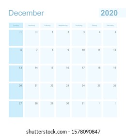 2020 December wall planner in blue color, week starts on Sunday. Calendar for December 2020 with day of previous and next month.