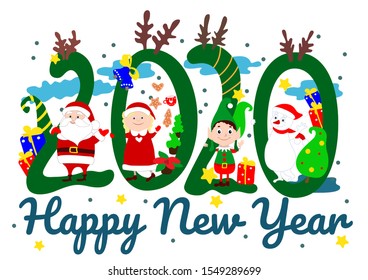 2020 with deer horns on the head. Stylized green numbers carry Santa Claus with gifts, Mrs. Klaus, an elf and a snowman in the sky. New Year vector illustration isolated on white background.