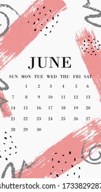 2020 сalendar design. June. Week starts on Sunday. Calendar design. Editable calender page template. Vertical. Abstract artistic vector illustration. Picture for lock screen or home screen.