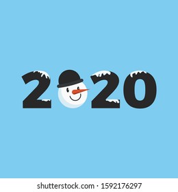 2020 design logo with snowman wearing black hat. Snowy winter logo design