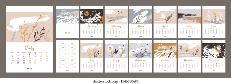 2020 сalendar design.  Nature, ecology. Monthly calender 2020, 2021. Set of 12 months. Week starts on Monday. Editable calendar page template A4, A3. Vertical. Abstract artistic vector illustration.
